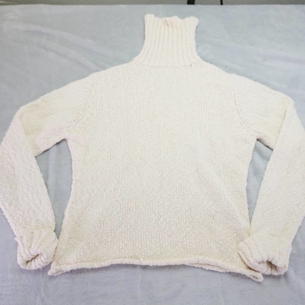 Sundance Womens Sweater L Ivory Knit Turtleneck Crocheted Sleeves Cabin Stretch